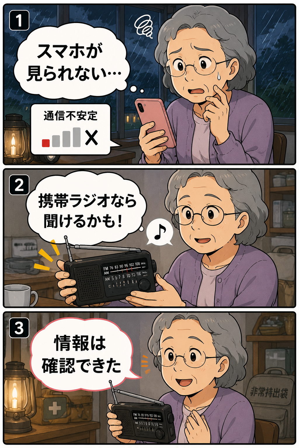 台風の夜にスマホ通信が不安定になり、携帯ラジオで情報を確認する祖母の漫画