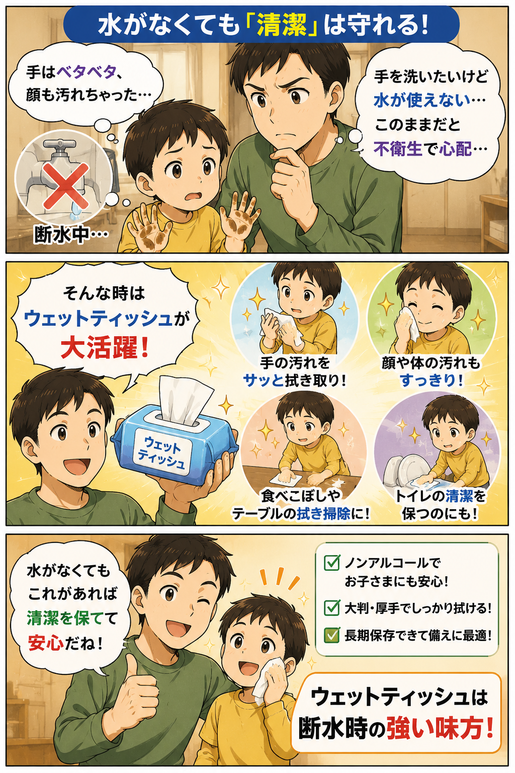 断水時にウェットティッシュで子どもの手や顔の清潔不安を減らす漫画