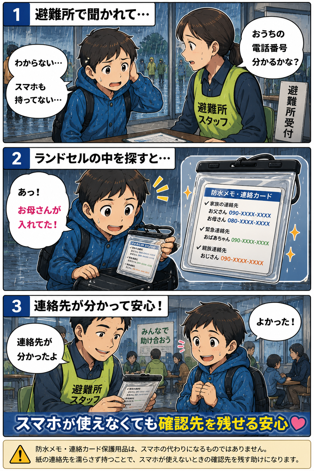 集中豪雨で家族と連絡を取ろうとした父親がスマホの電池切れに困るが、モバイルバッテリーで連絡を再開でき安心する様子を描いた漫画