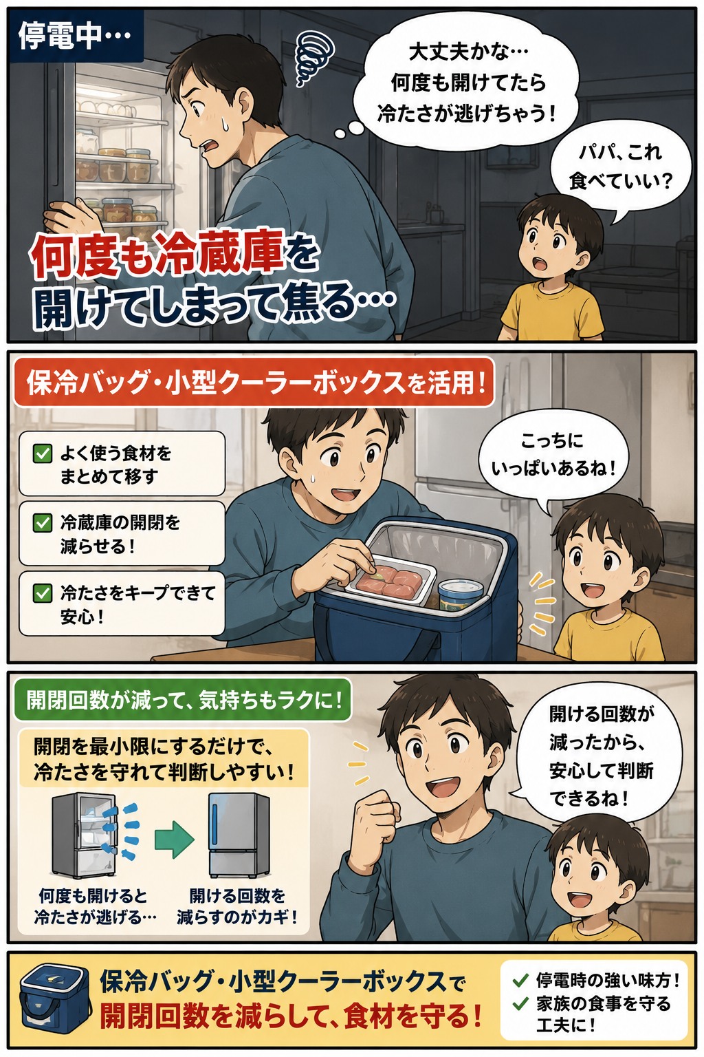 停電中に保冷バッグで冷蔵庫の開閉回数を減らす父親と子どもの漫画