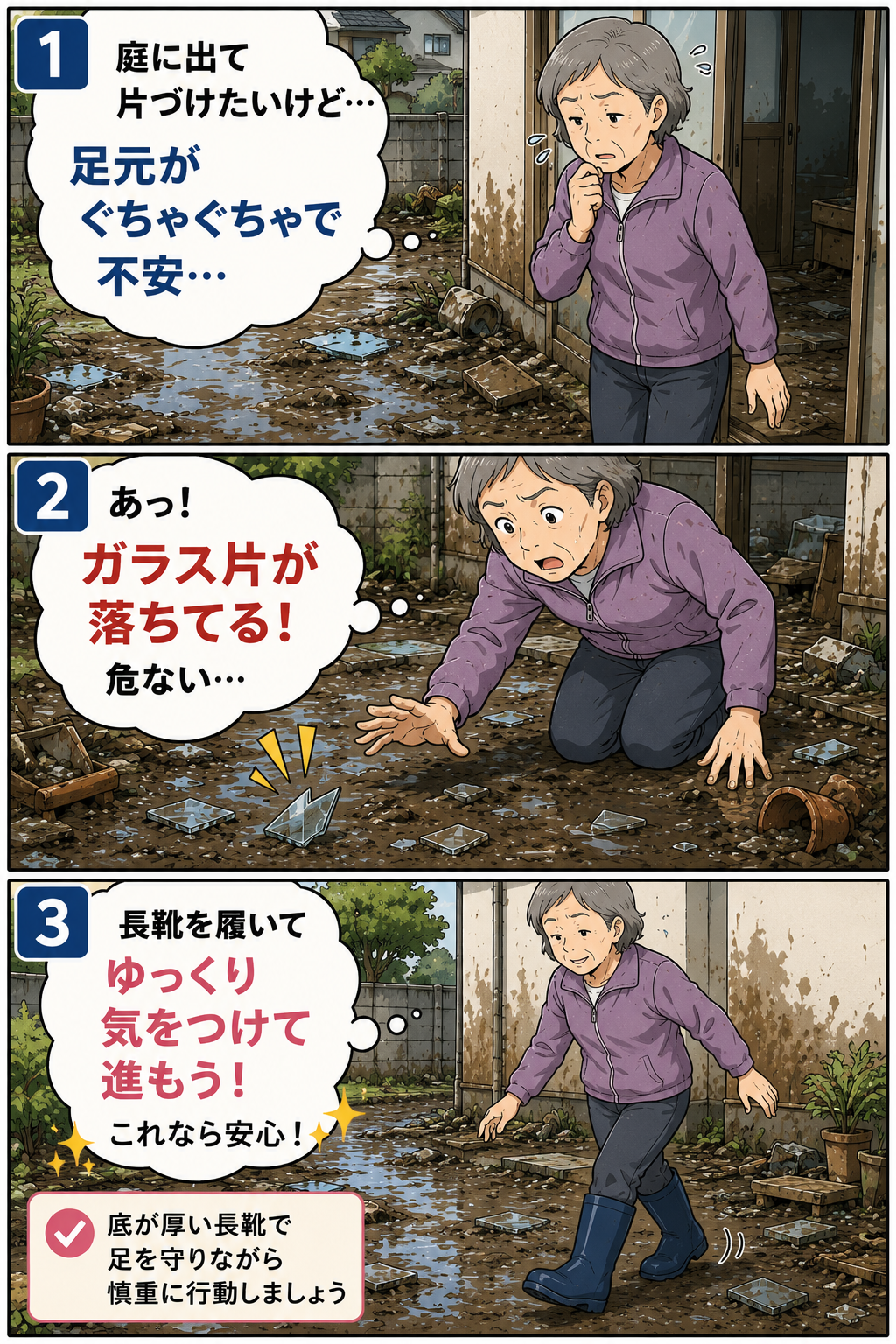 浸水後の濡れた庭でガラス片に気づき長靴で慎重に移動する高齢女性の3コマ漫画