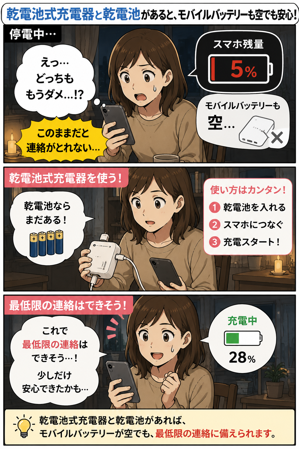 乾電池式充電器と乾電池で停電時の最低限のスマホ充電に備える商品紹介漫画