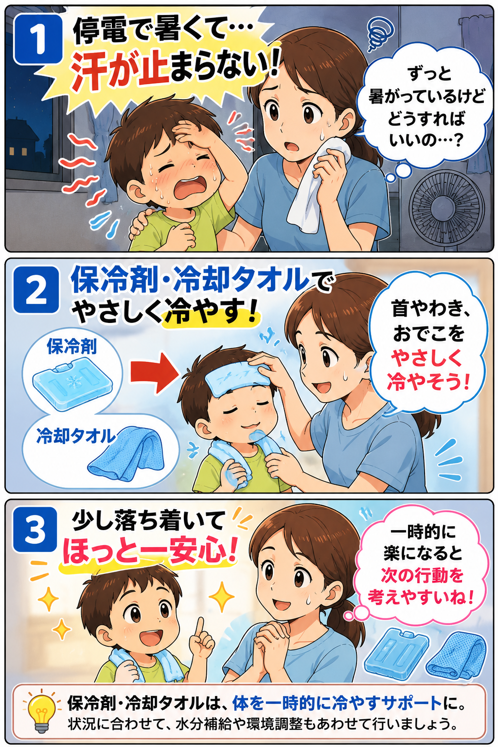停電中に母親が保冷剤や冷却タオルで暑がる子どもを一時的に冷やす漫画