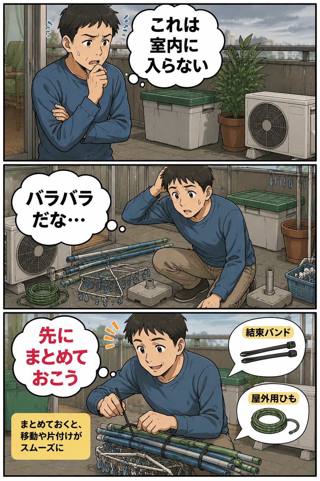 台風前に室内へ入れにくいベランダ用品を結束バンドや屋外用ひもでまとめる父親の漫画
