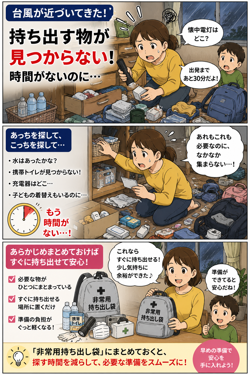 台風避難前に持ち出す物が見つからず非常用持ち出し袋にまとめる母親の漫画