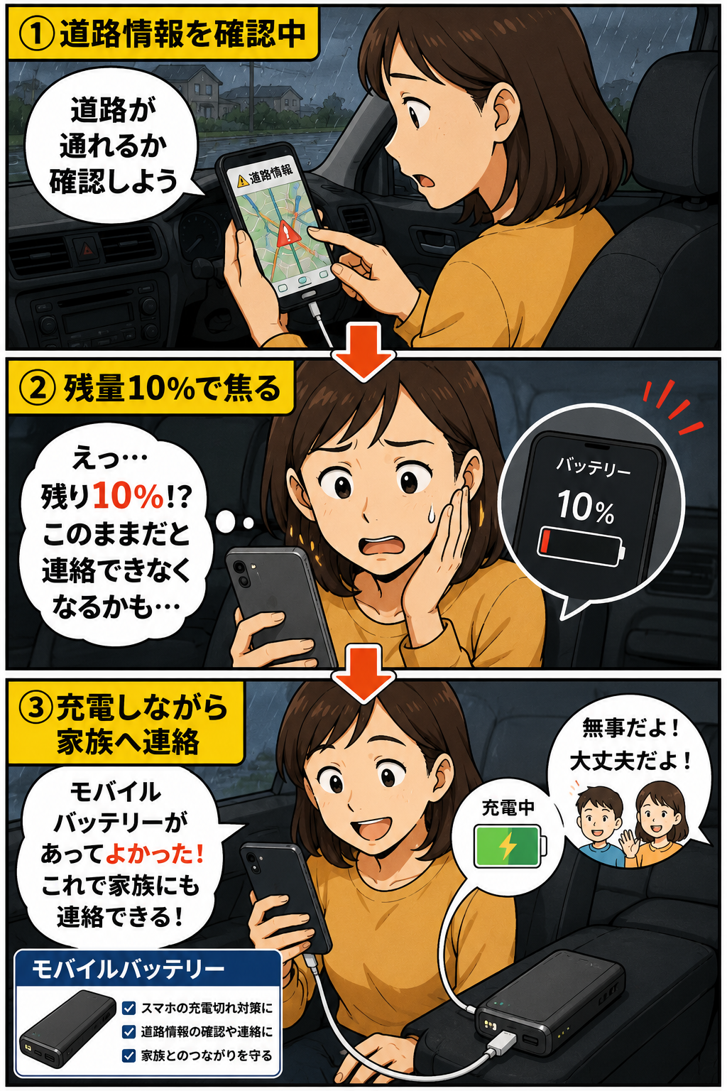 台風時にスマホの残量不足を防ぐモバイルバッテリーの漫画