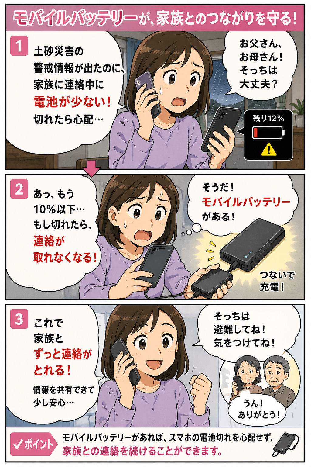 土砂災害時にスマホの電池残量低下で焦る娘がモバイルバッテリーで家族連絡を続ける商品紹介漫画