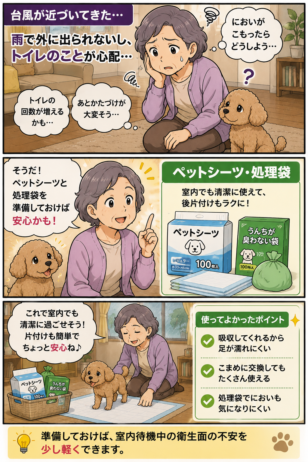 室内待機中のペットのトイレ対策としてペットシーツと処理袋を準備する祖母の漫画