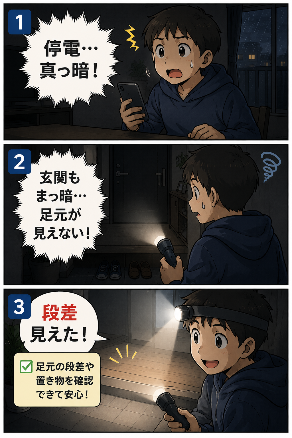 停電時にヘッドライトと懐中電灯で玄関の段差を確認する中学生の漫画
