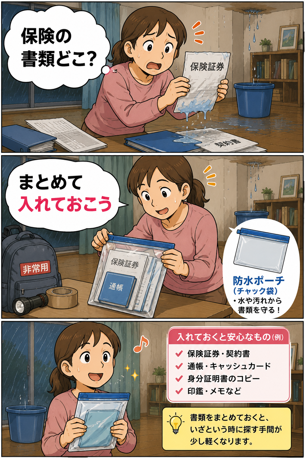 雨漏りで書類が濡れそうになり、防水ポーチにまとめる母親の漫画