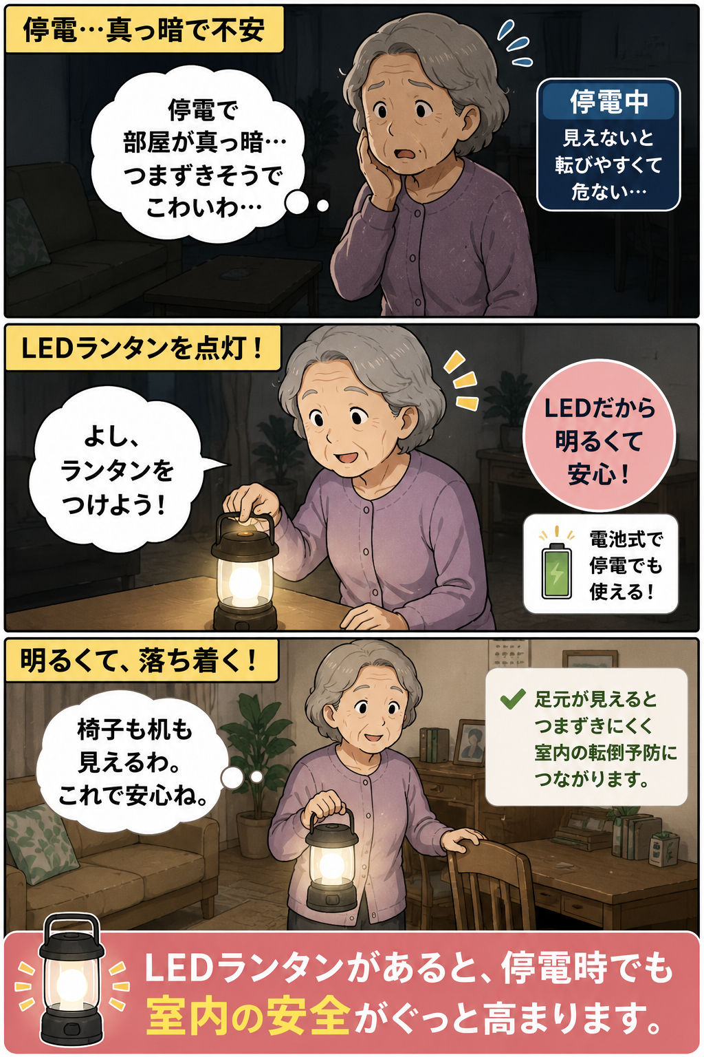 停電時に高齢の母親がLEDランタンで部屋を照らし椅子や机を確認する漫画