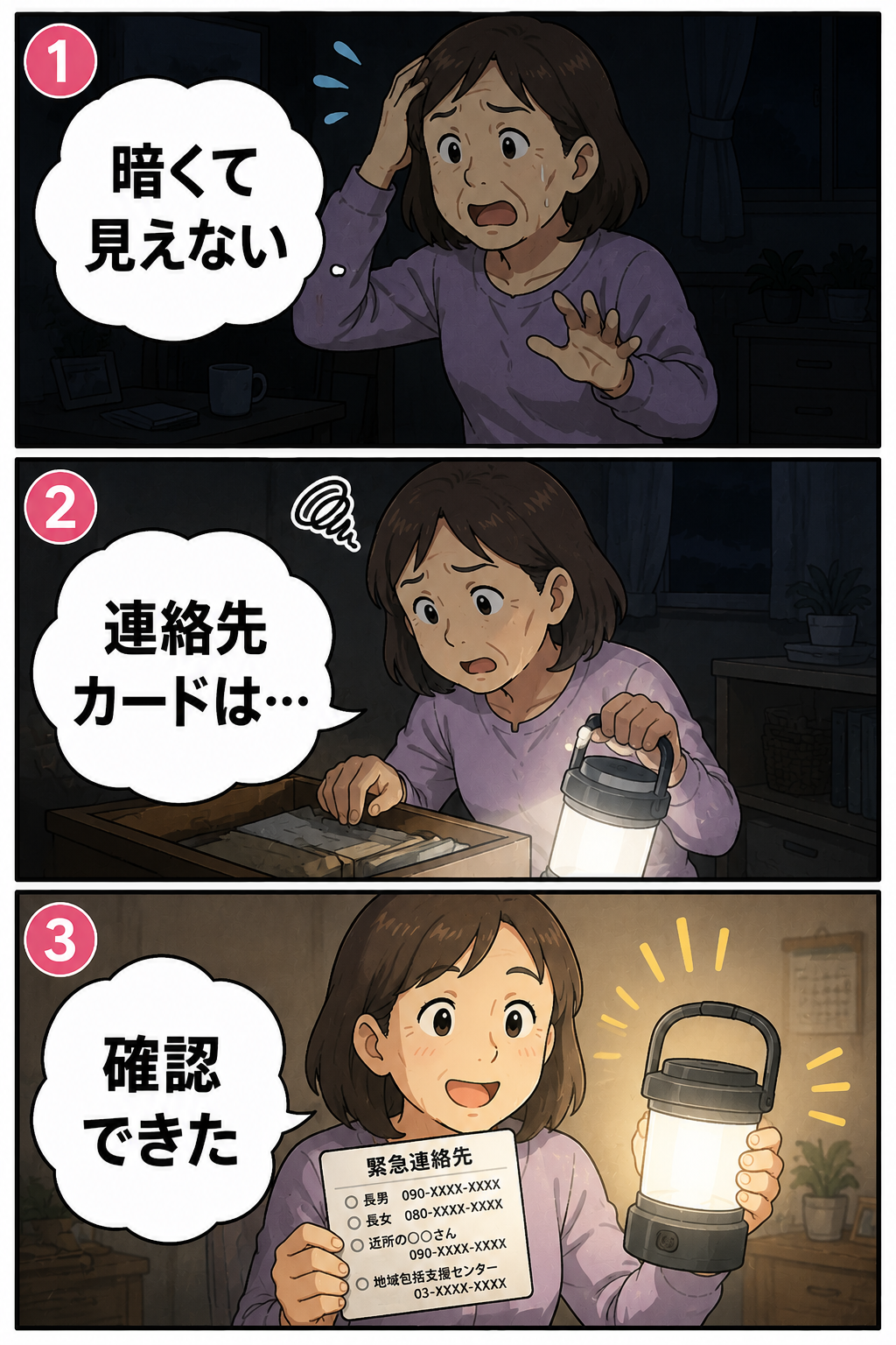 中年女性が停電時にLEDランタンで連絡先カードを確認する3コマ漫画