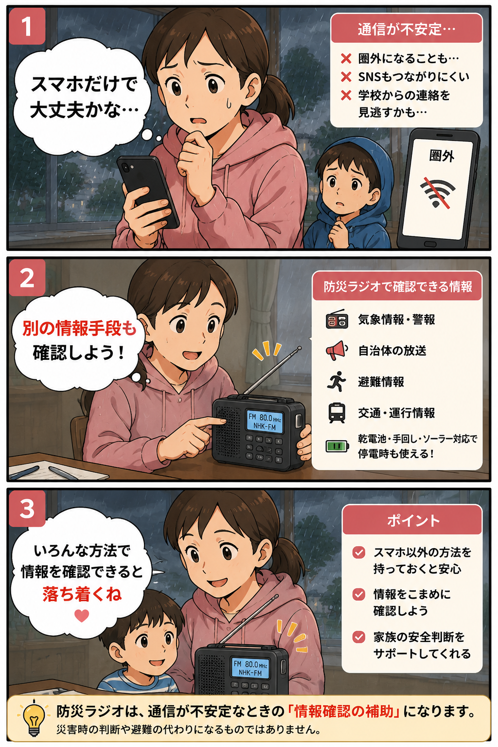 台風時に通信が不安定な中、母親が防災ラジオでスマホ以外の情報手段も確認する漫画