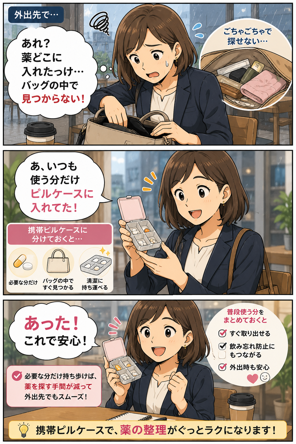 携帯ピルケースで外出時の薬を整理し見つけやすくする漫画