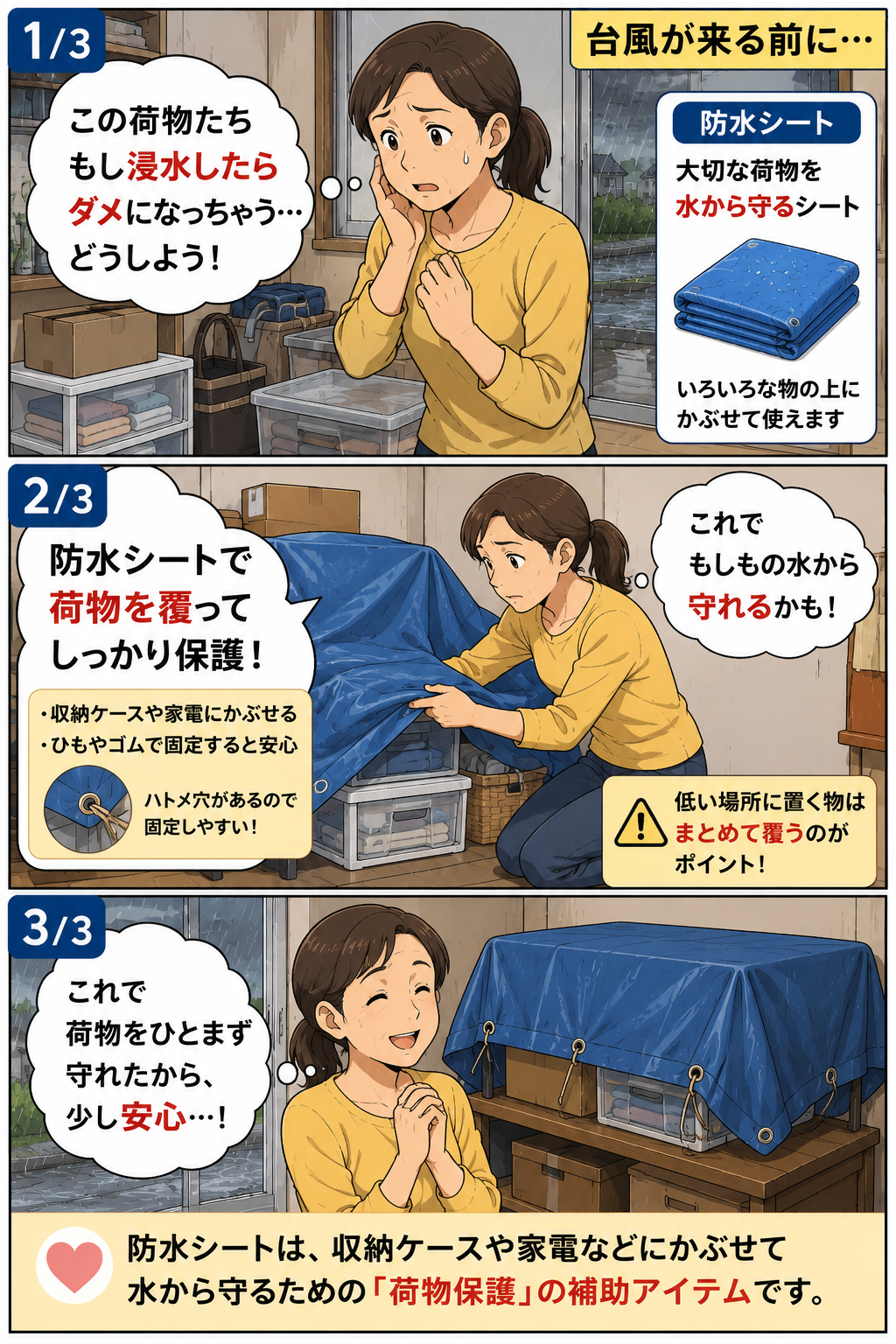 台風前に母親が収納物を防水シートで覆って水濡れ対策をする漫画