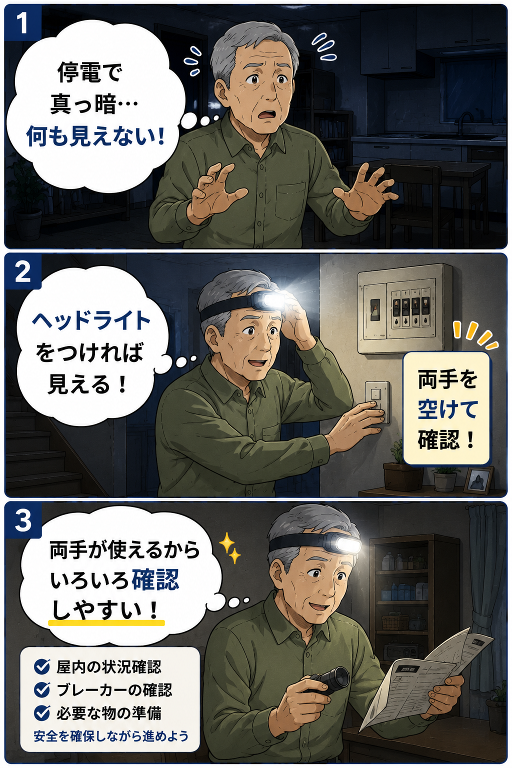 停電で暗い室内を高齢男性がヘッドライトで確認する商品紹介漫画