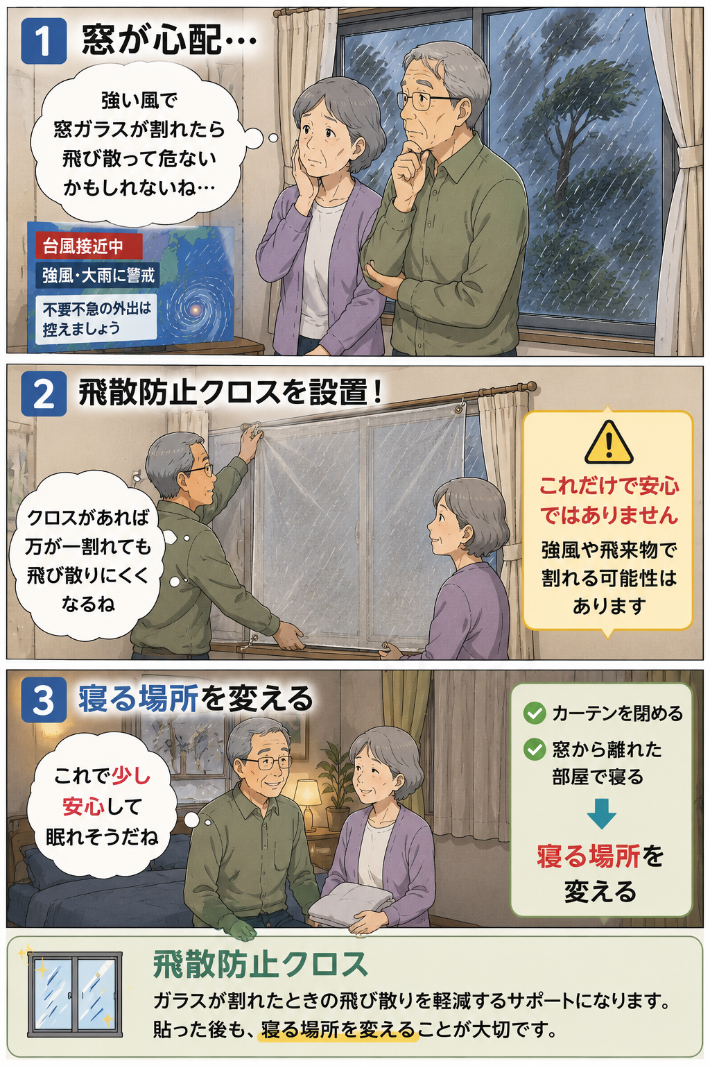 台風時に飛散防止クロスを設置して寝る場所を窓から離す高齢夫婦の漫画