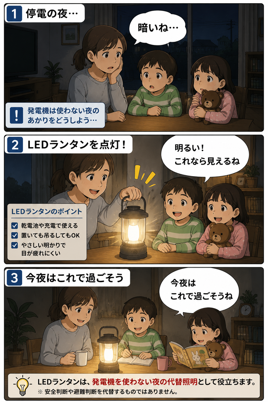 停電の夜に子どもがいる家庭でLEDランタンを代替照明として使う3コマ漫画
