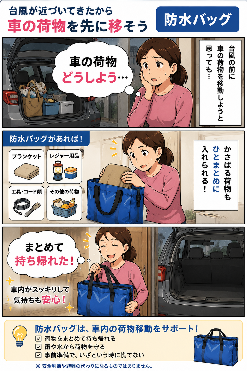台風前に母親が防水バッグで車内の荷物をまとめて家へ持ち帰る漫画