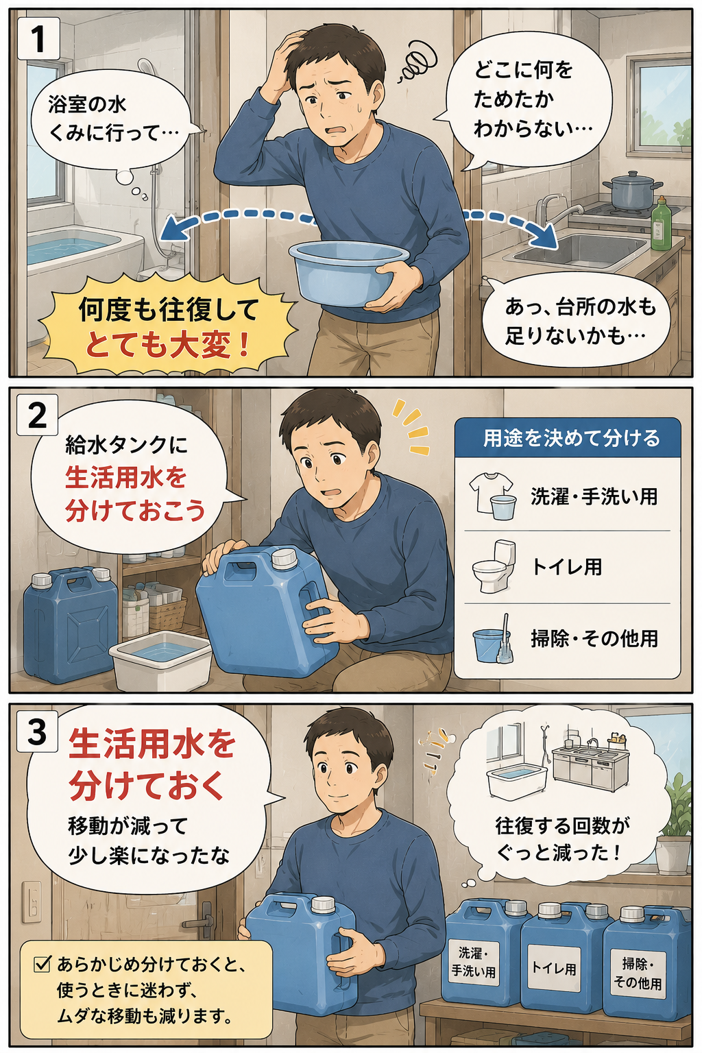 台風で断水しそうな時に父親が給水タンクで生活用水を分けて整理する漫画