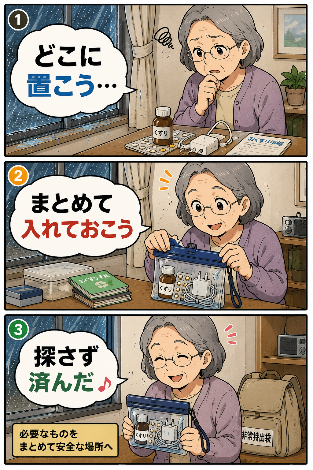 台風の夜に祖母が薬と充電器を防水ポーチにまとめて入れている3コマ漫画