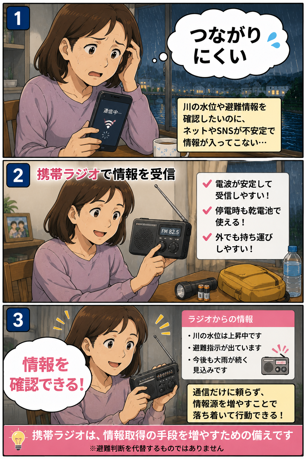 通信が不安定な時に携帯ラジオで災害情報を確認する母親の漫画