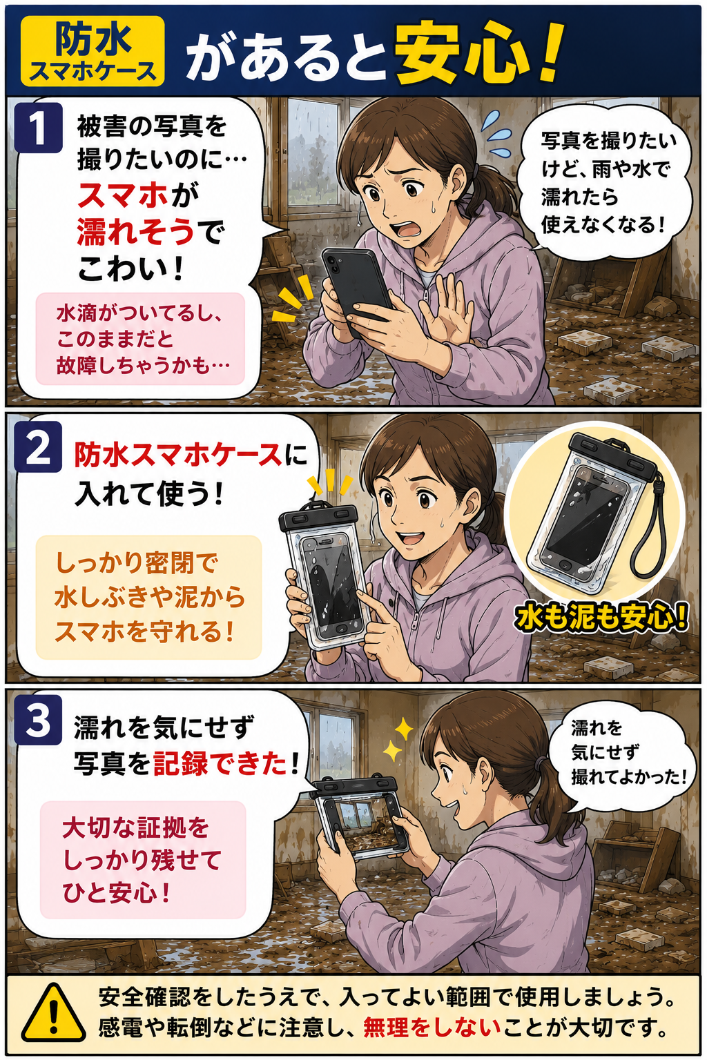 床上浸水後に防水スマホケースでスマホを濡れから守りながら写真記録をする母親の漫画