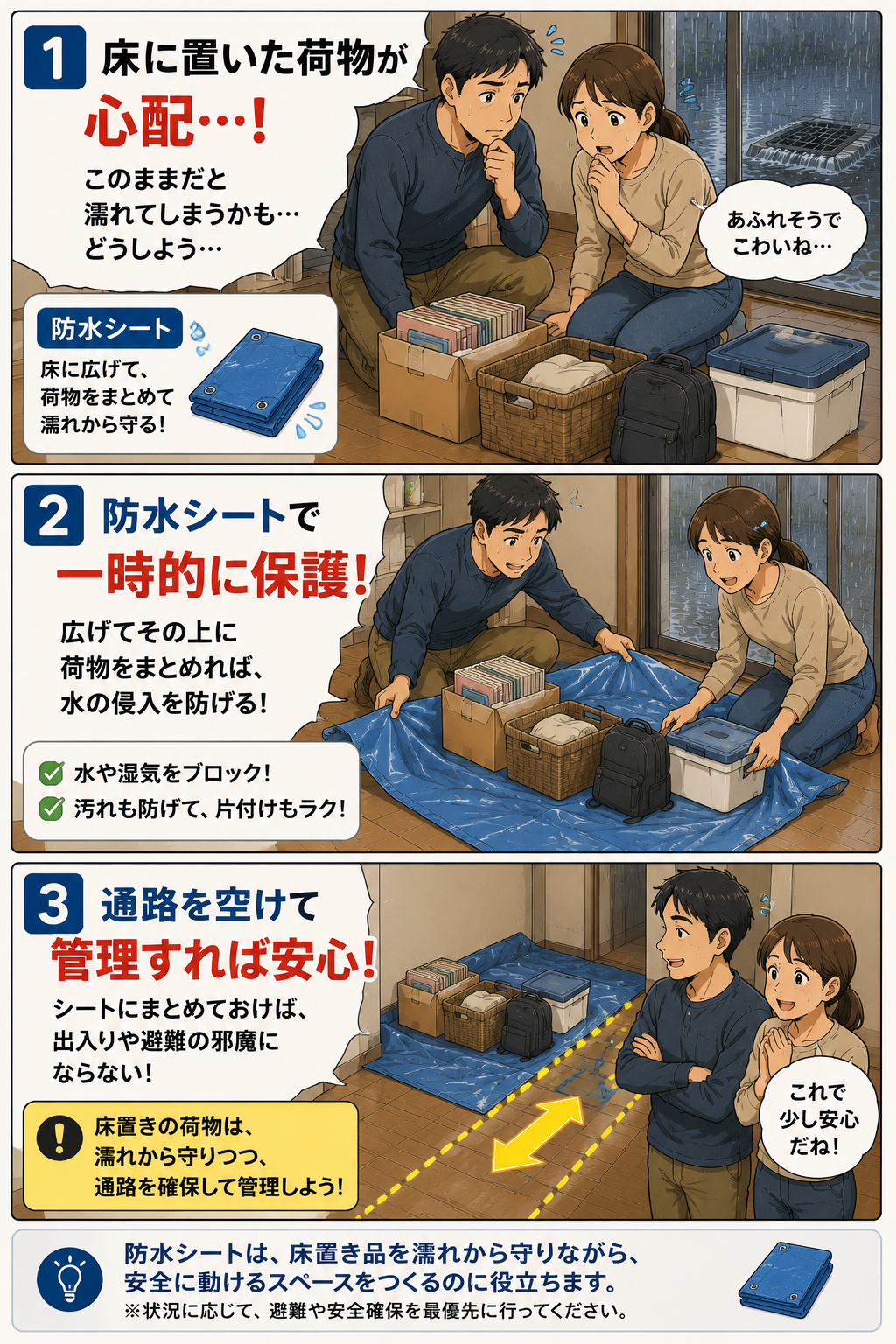 床置きの荷物を防水シートで一時保護して通路を空ける夫婦の漫画