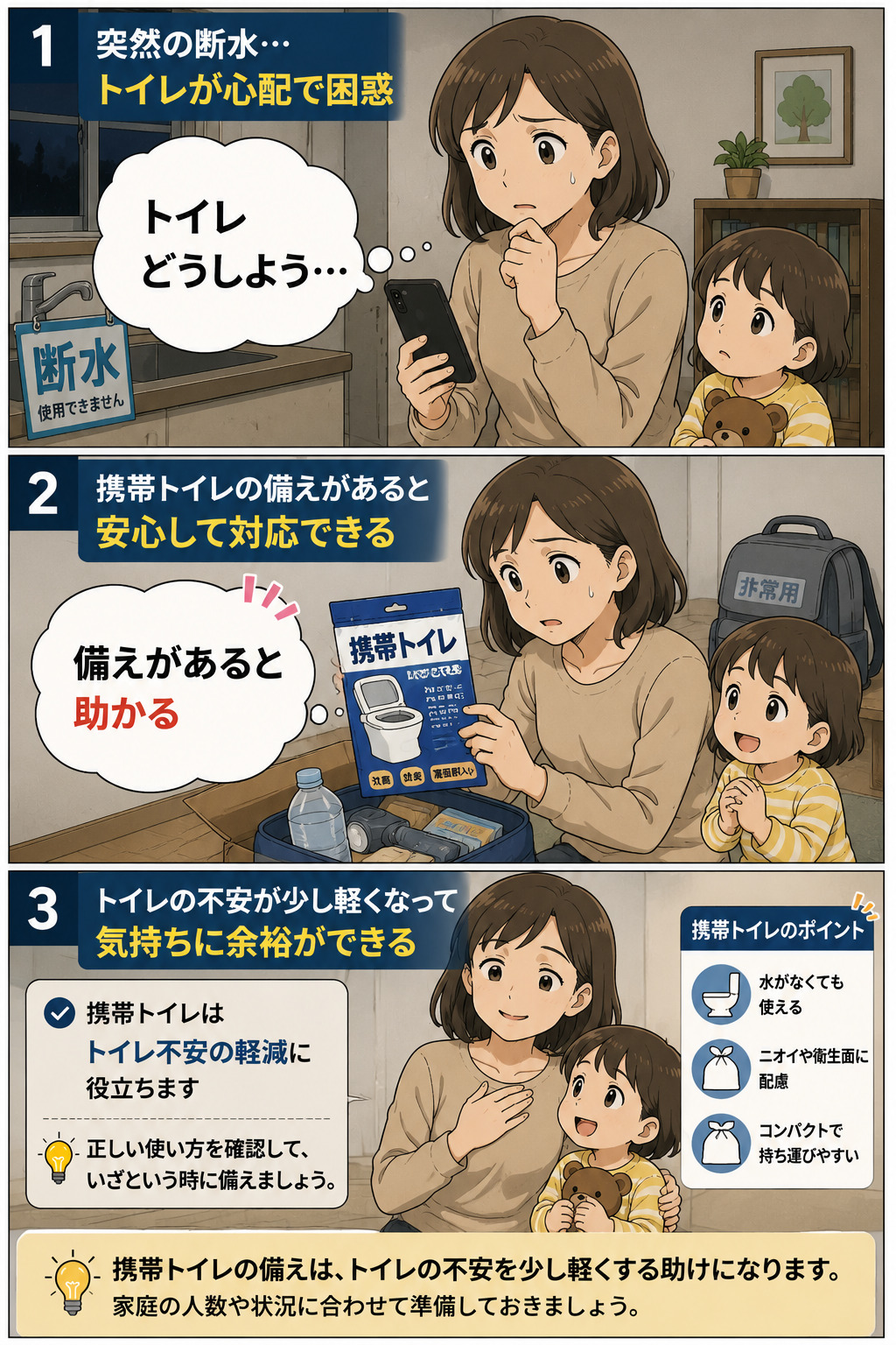 断水時のトイレを心配する母親が携帯トイレの備えを確認して安心する様子