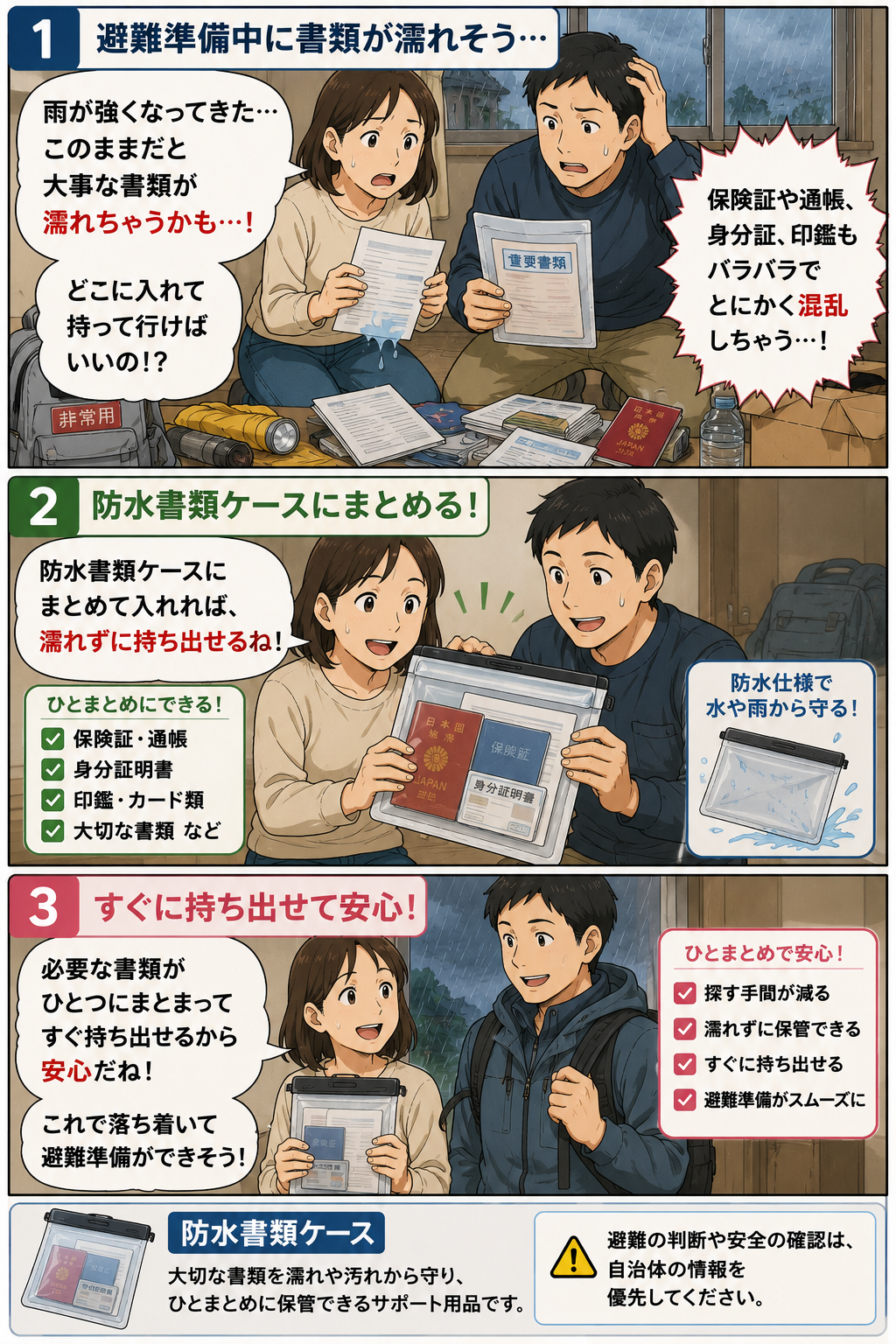 避難準備中に書類が濡れそうで混乱する夫婦が防水書類ケースにまとめて保管する商品紹介漫画