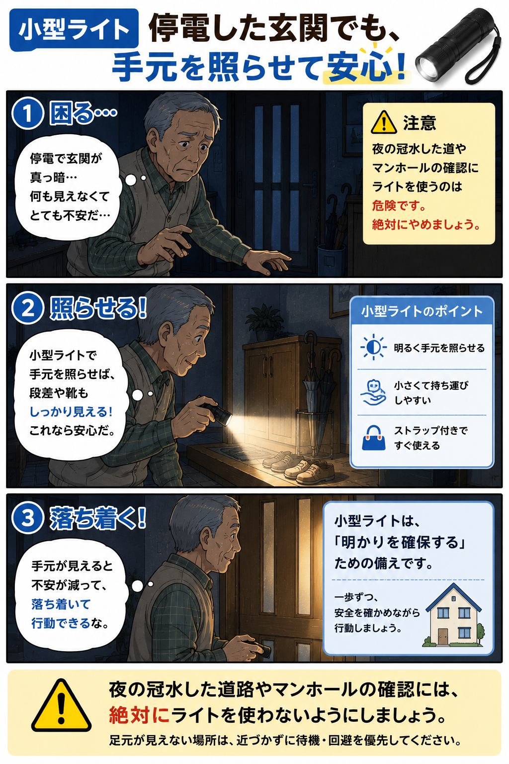 停電した玄関で小型ライトを使い足元を確認する高齢男性の漫画