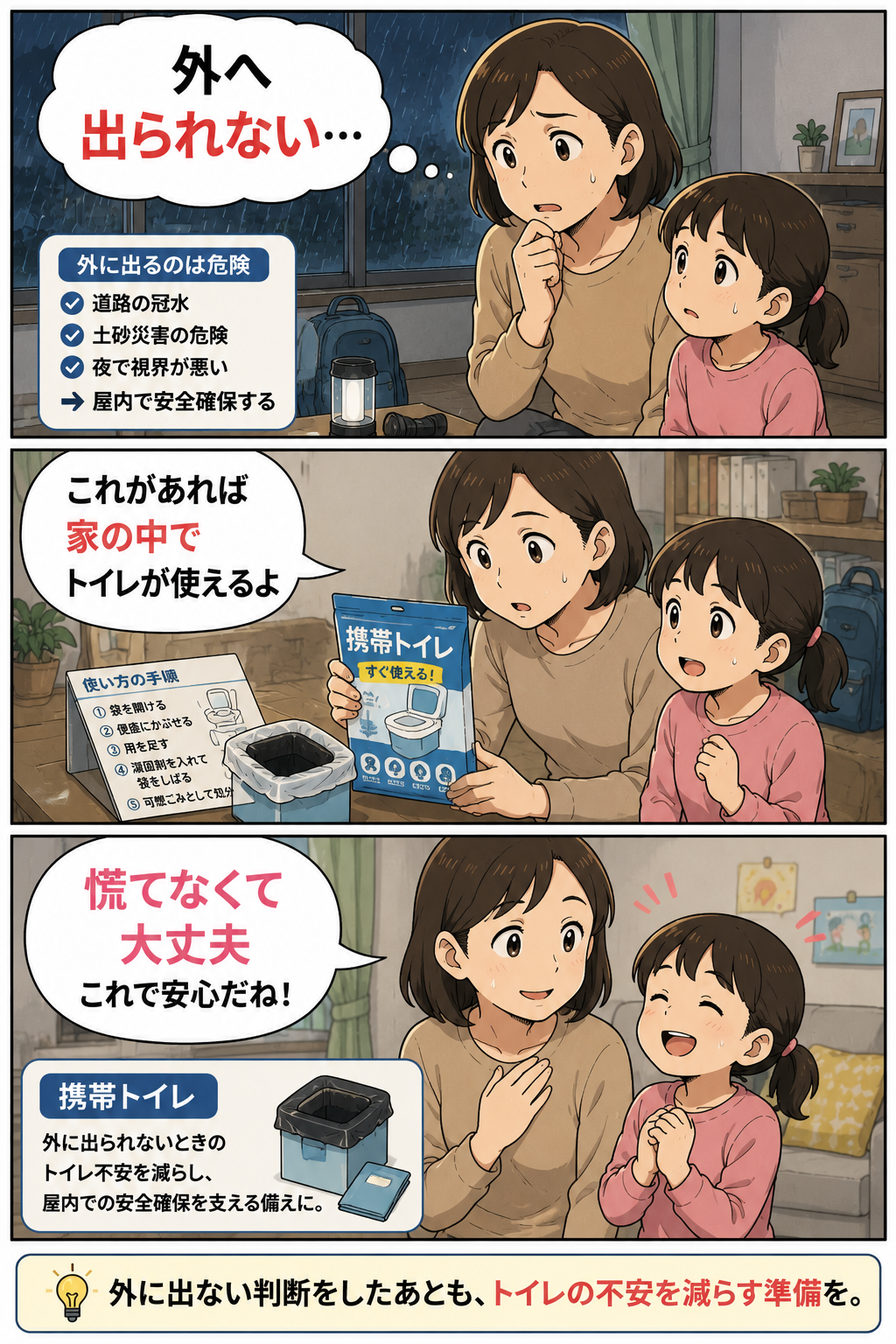 線状降水帯の大雨で外へ出られない時に母親と子どもが携帯トイレを確認する漫画
