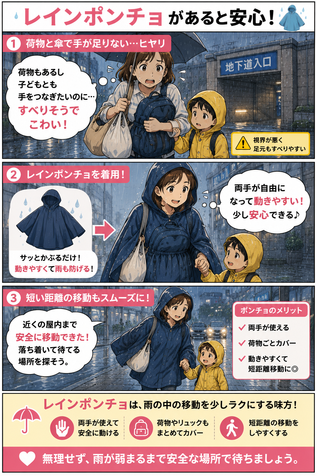 ゲリラ豪雨で子ども連れの母親がレインポンチョを使い短距離移動しやすくなる漫画