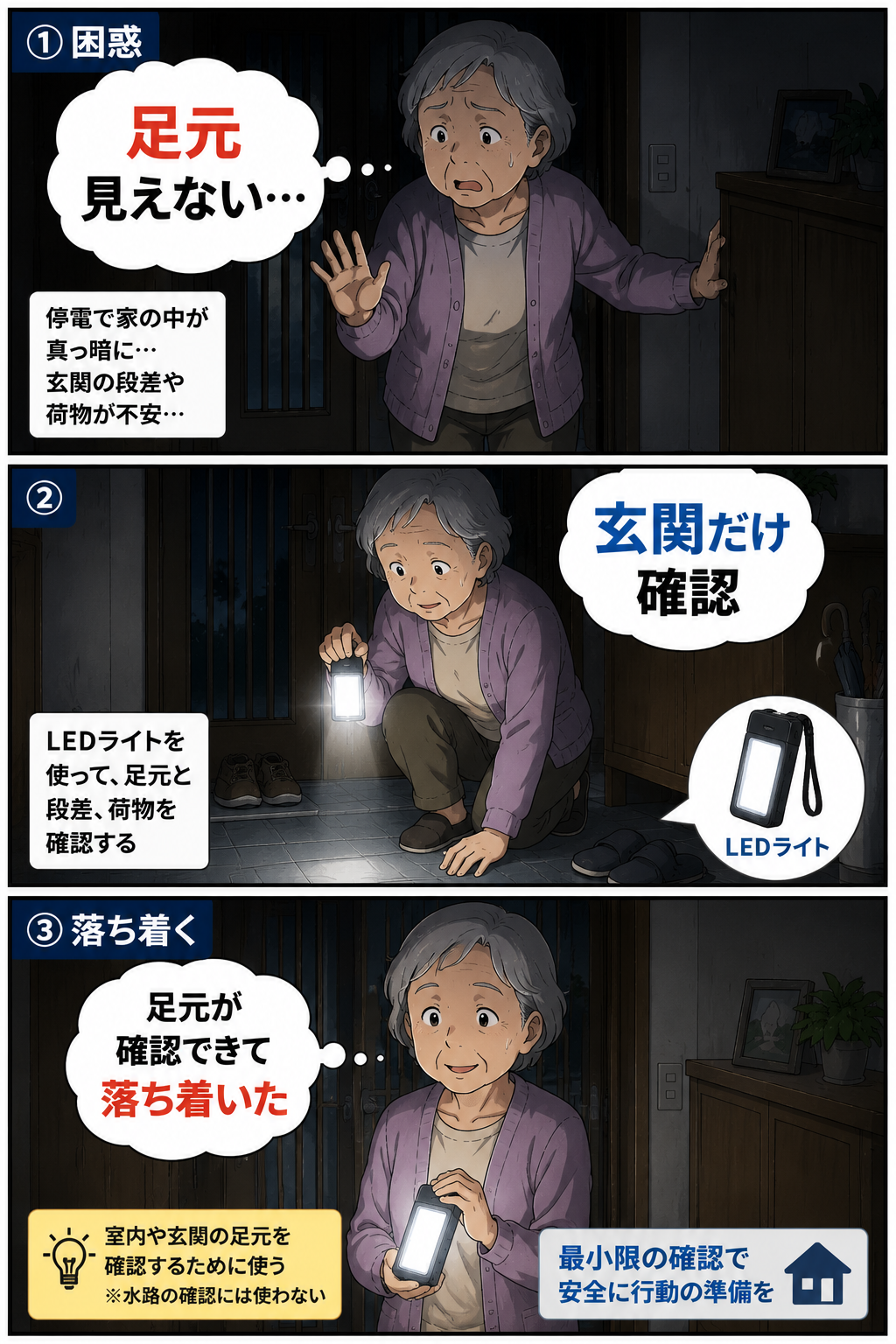 停電時にLEDライトで玄関の足元を確認する高齢者の3コマ漫画