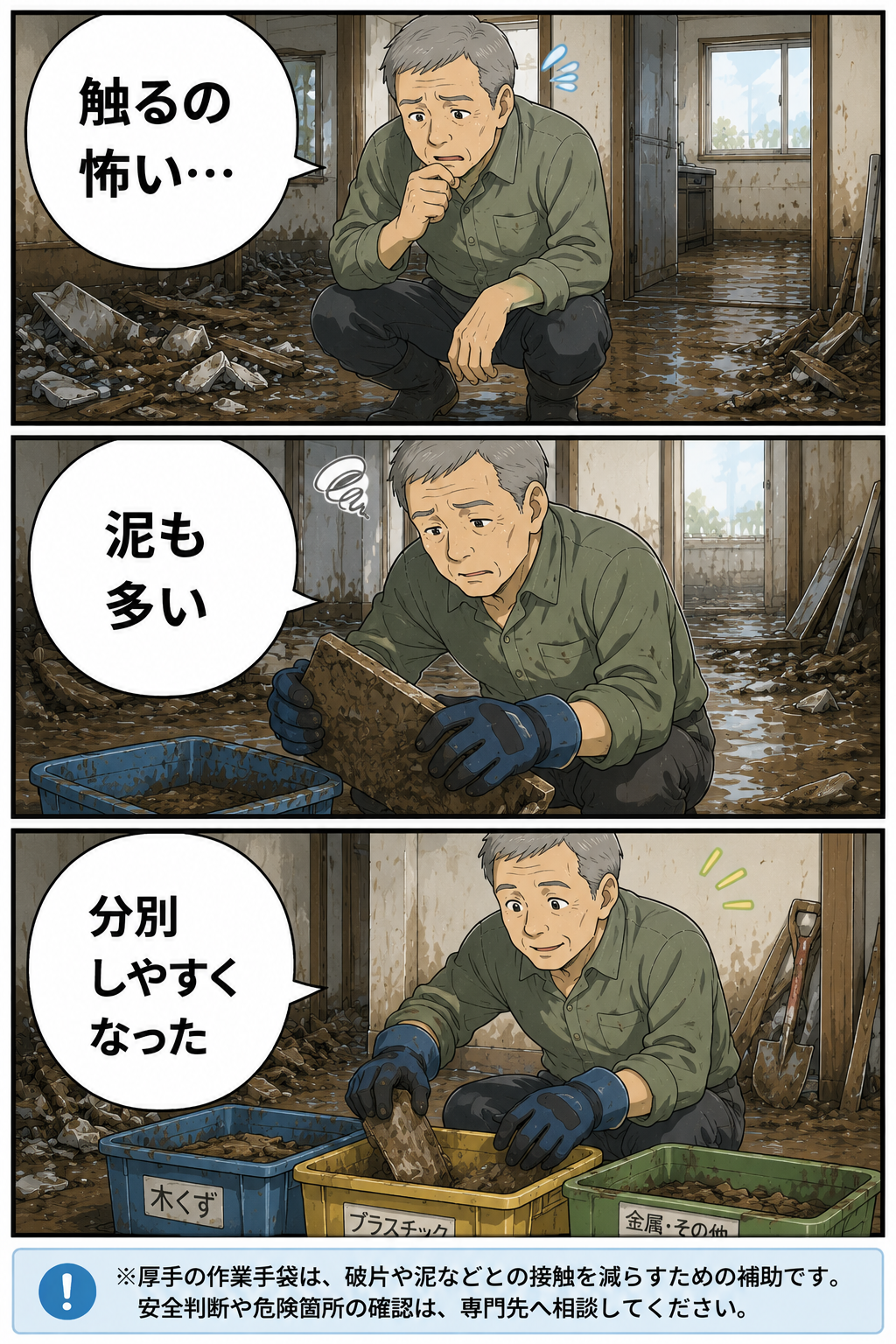 浸水後の片付けで厚手の作業手袋を使い泥や破片を分別する高齢男性の3コマ漫画