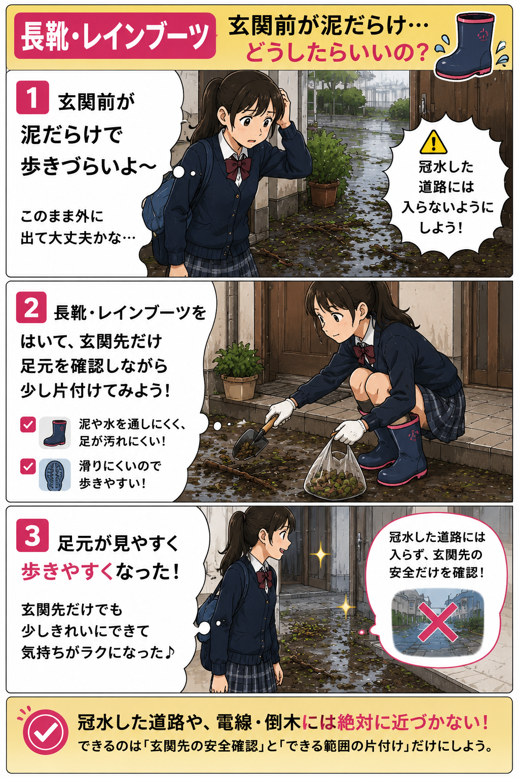 長靴を履いて泥だらけの玄関先だけ足元を確認する高校生の娘の漫画