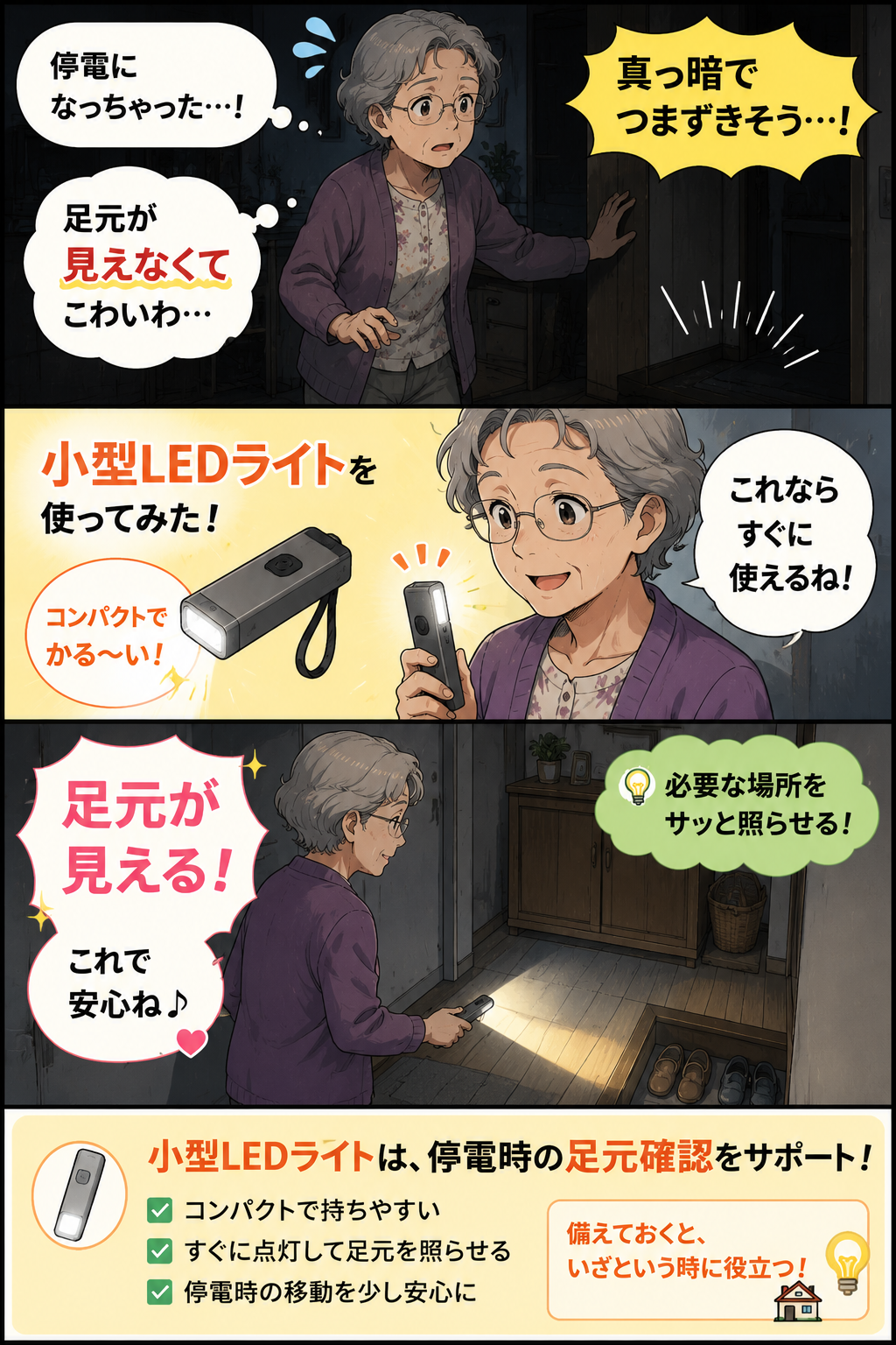 停電時に祖母が小型LEDライトで足元を確認する漫画
