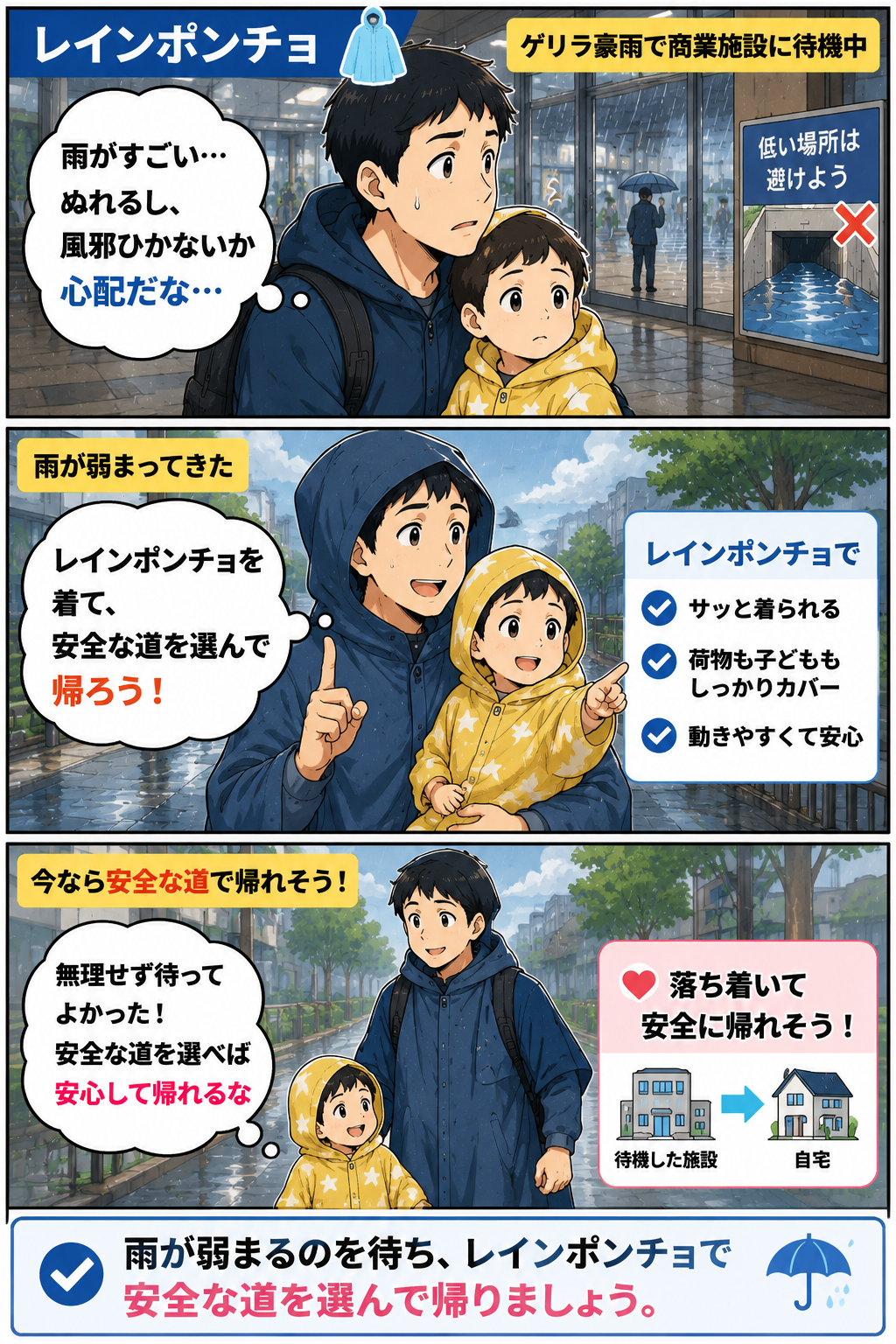 ゲリラ豪雨後に子連れ父親がレインポンチョを着て安全な道で帰る漫画