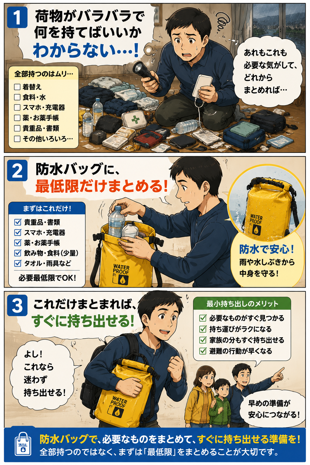 防水バッグに最低限の持ち出し品をまとめて避難準備の混乱が軽くなる父親の漫画