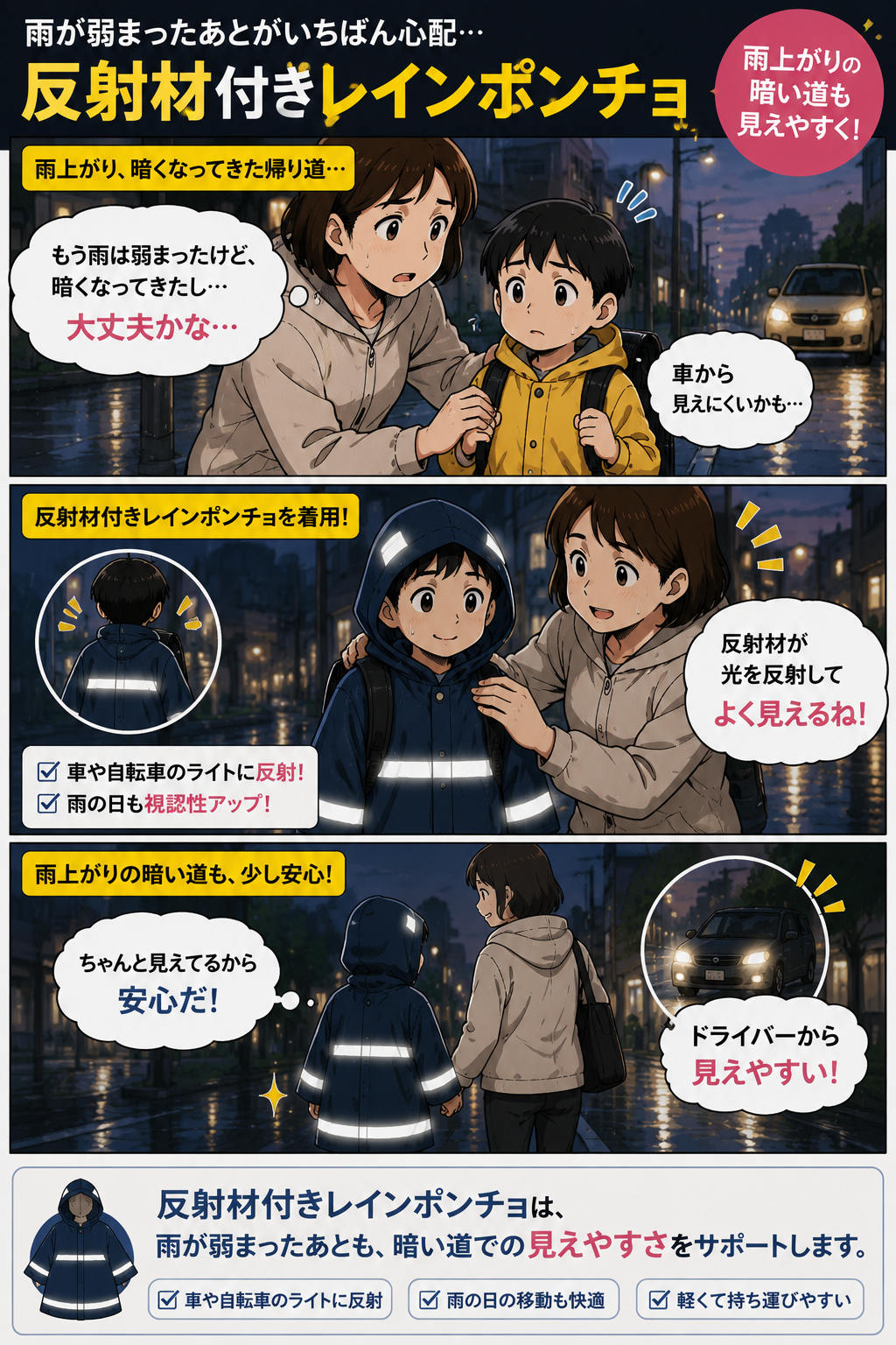 雨上がりの暗い道で反射材付きレインポンチョを着た子どもが見えやすくなる商品紹介漫画