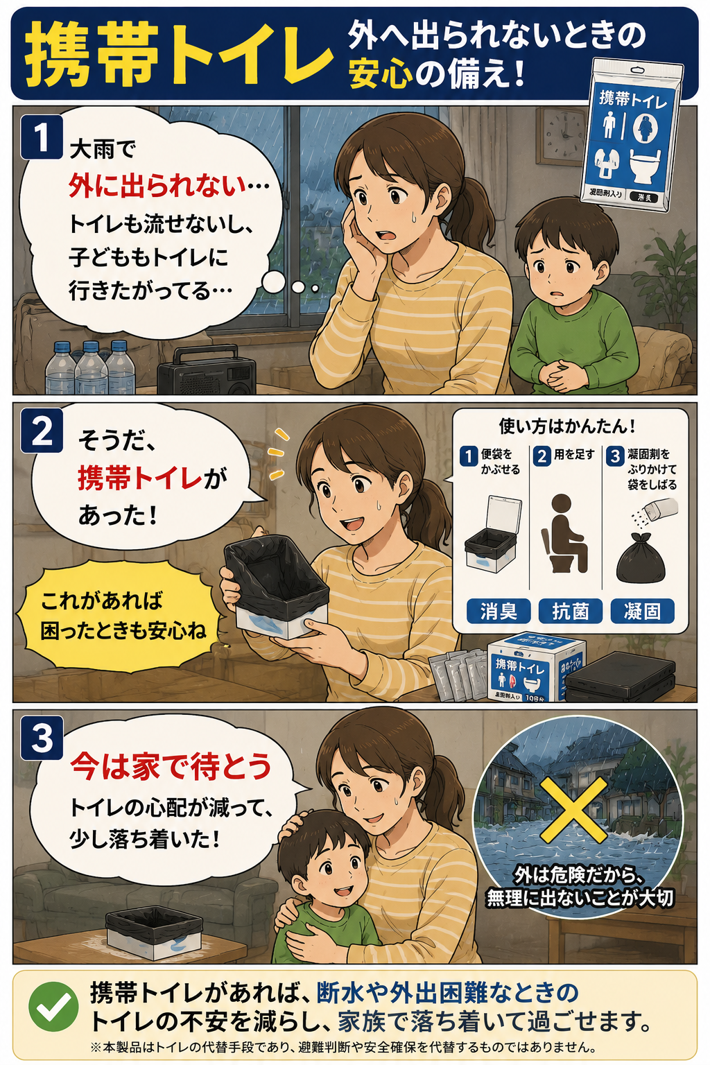 大雨で外へ出られない母親と子どもが携帯トイレで家の中で待つ判断をしやすくなる漫画