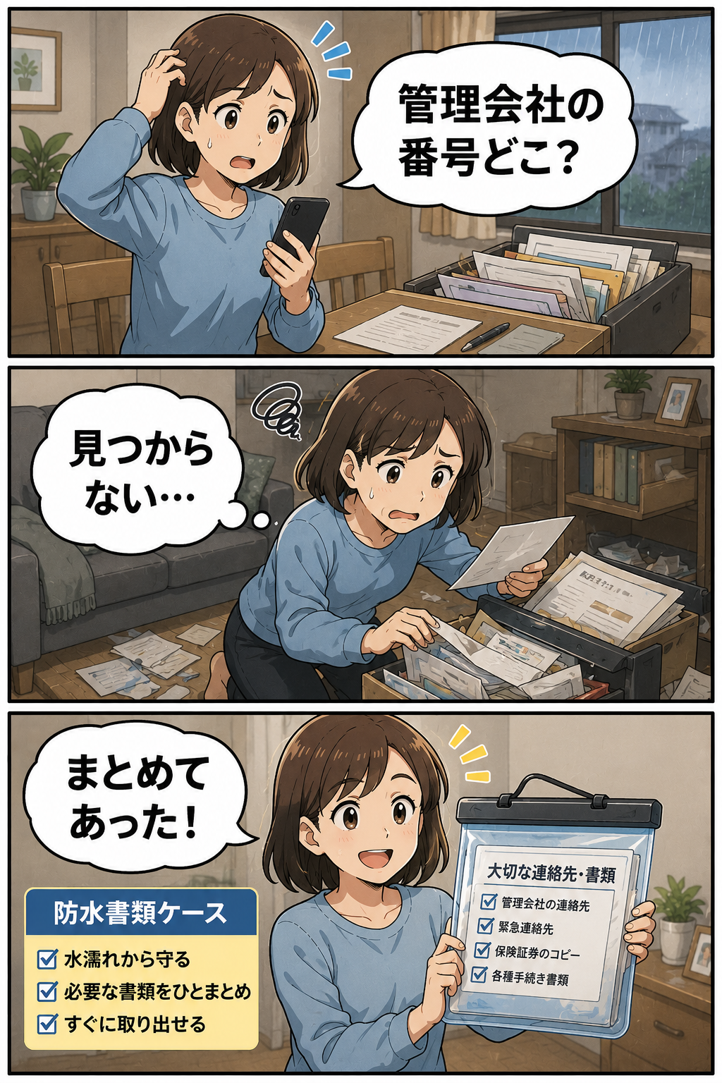 母親が管理会社の連絡先を探し、防水書類ケースにまとめた書類を見つけて安心している漫画