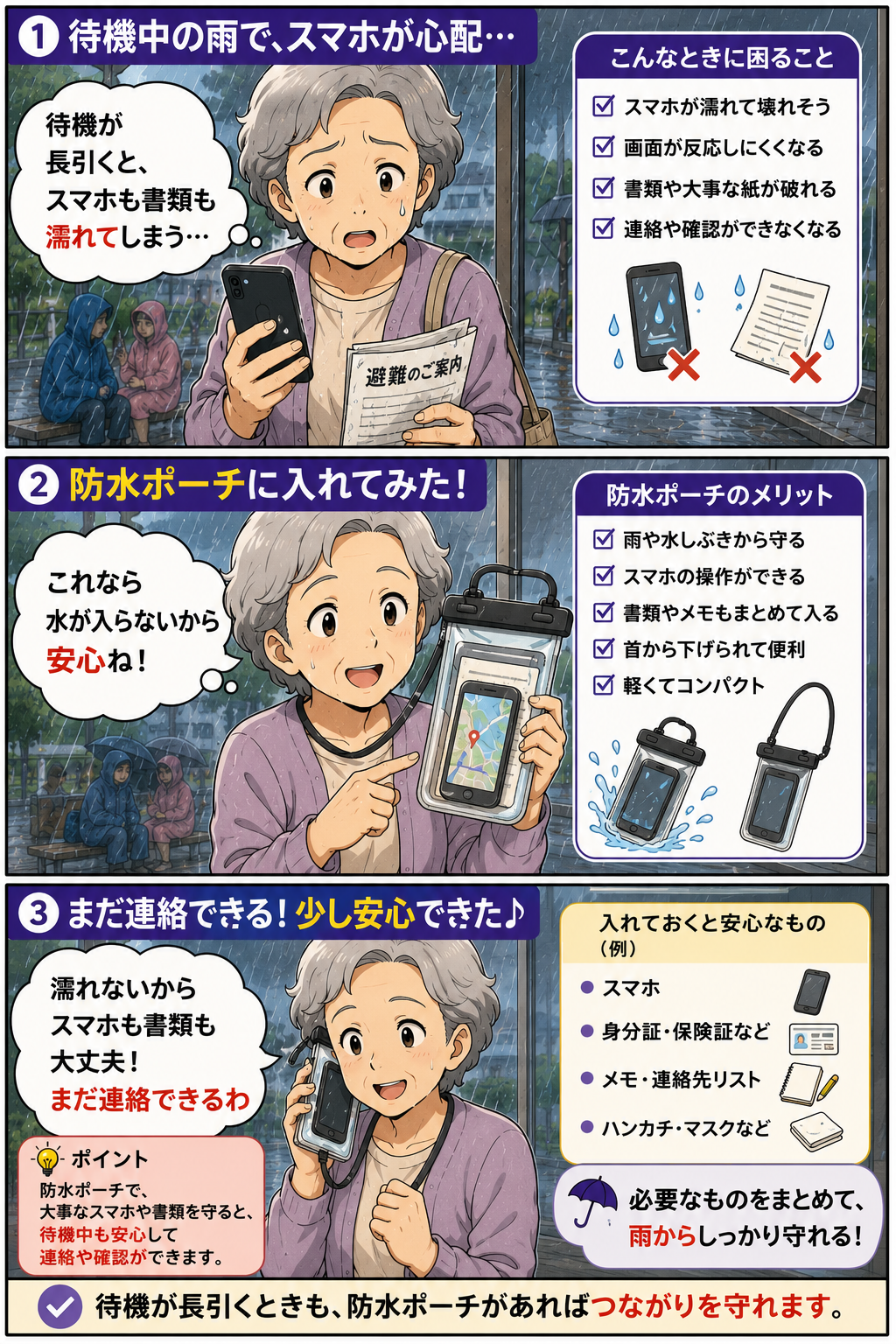 大雨の待機中に祖母が防水ポーチでスマホや書類を守る漫画
