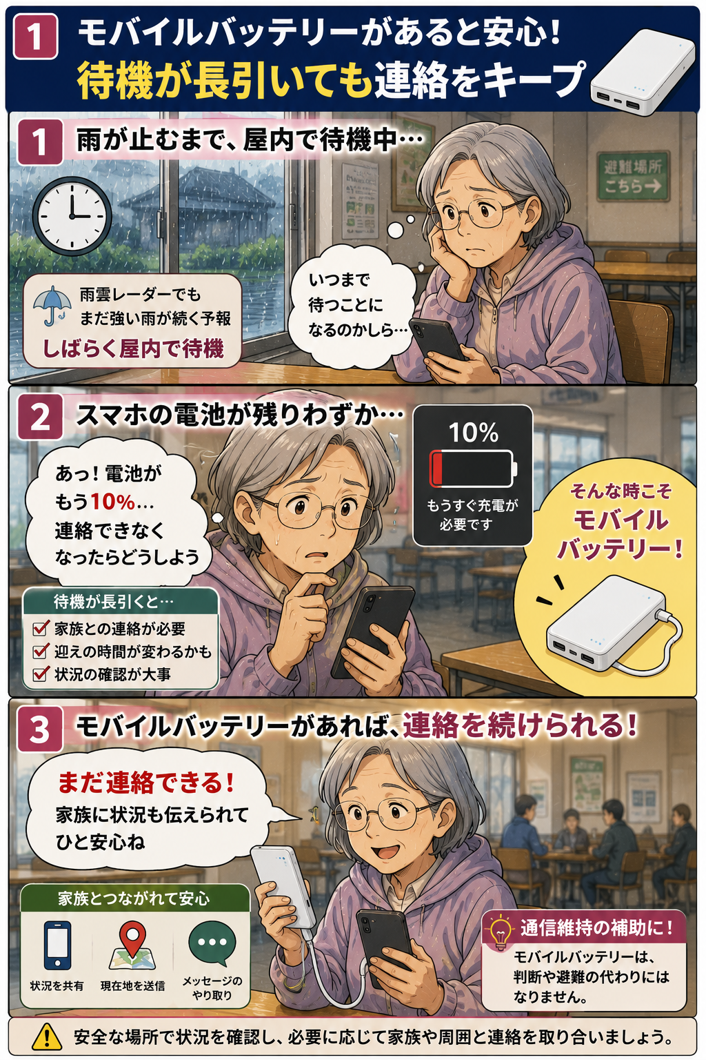 豪雨で屋内待機中にモバイルバッテリーで家族との連絡を続ける祖母の漫画