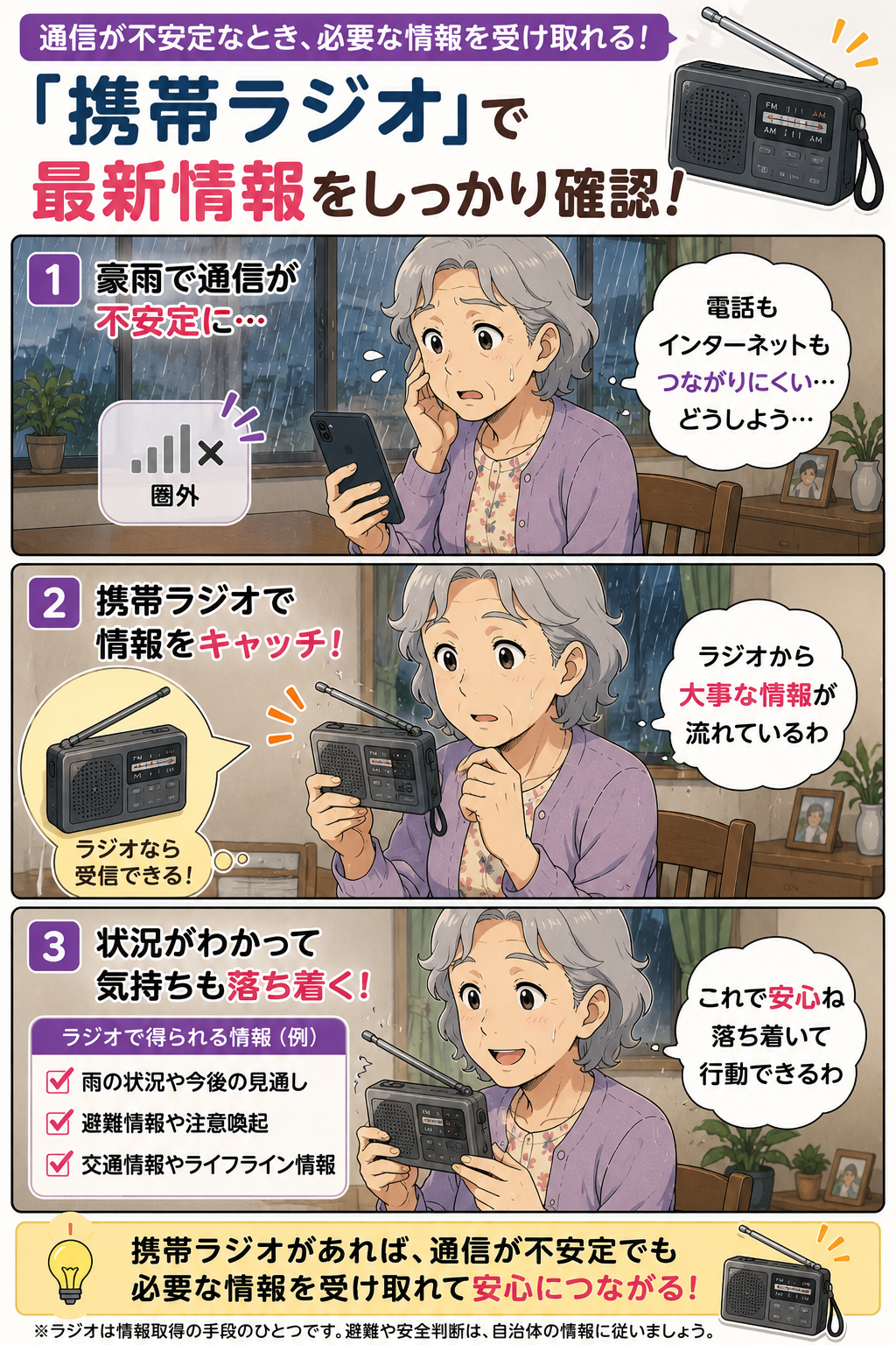 豪雨で通信が不安定な時に携帯ラジオで情報確認する祖母の漫画