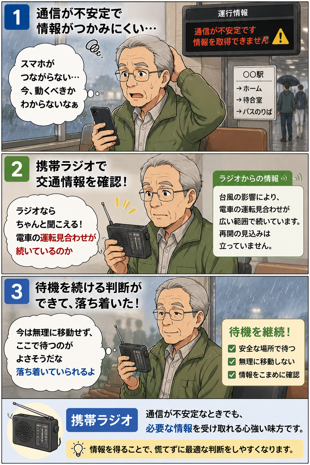 台風で通信が不安定な時に携帯ラジオで交通情報を確認する漫画