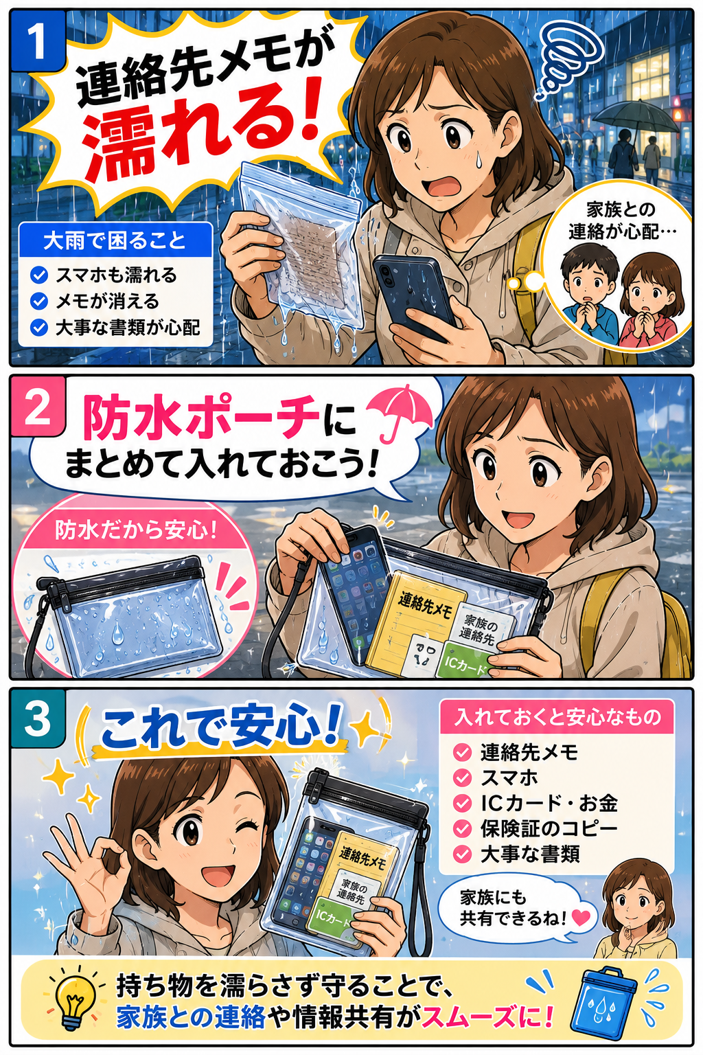 大雨で連絡先メモが濡れそうになり防水ポーチにまとめて入れる母親の漫画