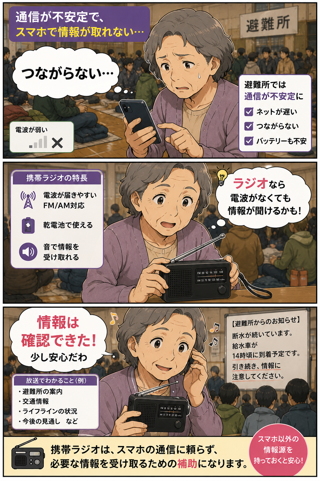 避難所でスマホがつながらず不安な祖母が携帯ラジオで情報を確認する漫画