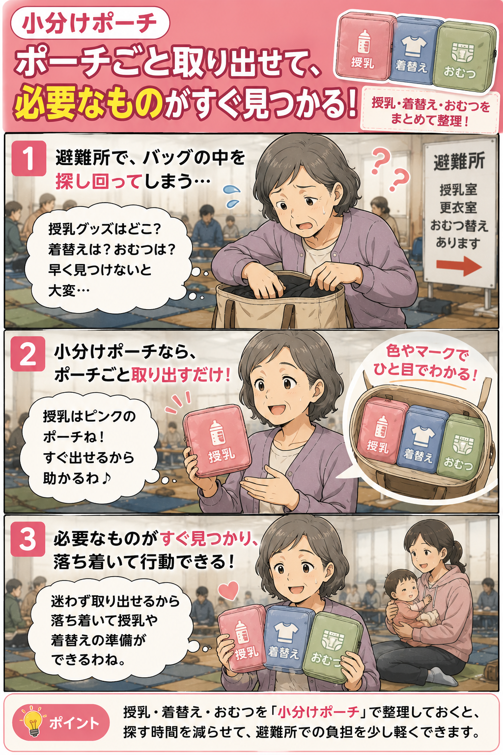 避難所で祖母が小分けポーチから授乳や着替えやおむつ用品をすぐ取り出す漫画