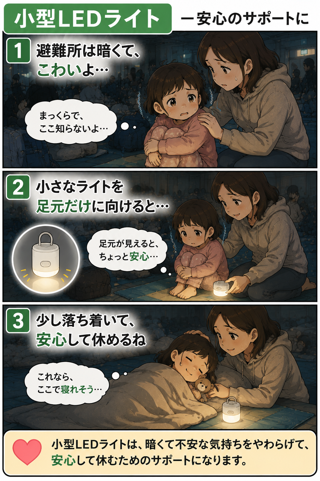 避難所で暗さを怖がる子どもが小型LEDライトで少し安心する漫画